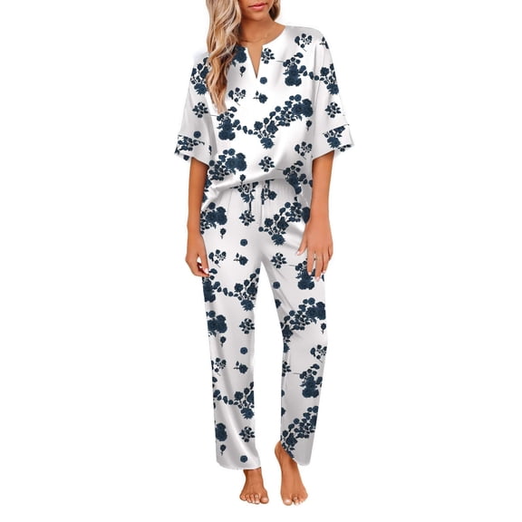 Ekouaer Satin Pajama Set Womens Silk Short Sleeve V Neck Shirt with Long Pant Soft Loungewear Pjs Set