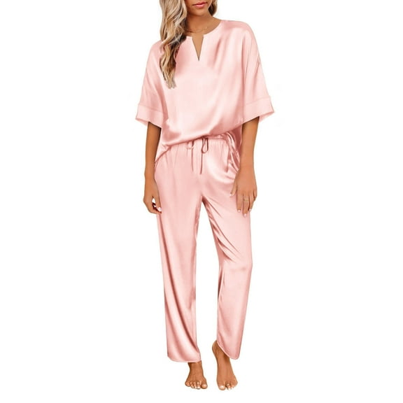 Ekouaer Satin Pajama Set Womens Silk Short Sleeve V Neck Shirt with Long Pant Soft Loungewear Pjs Set