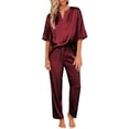 thumbnail image 1 of Ekouaer Satin Pajama Set Womens Silk Short Sleeve V Neck Shirt with Long Pant Soft Loungewear Pjs Set, 1 of 6