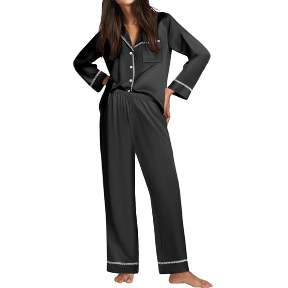 Ekouaer Satin Pajama Set for Women Silky Sleepwear Long Sleeve Top and Pants Button Down Pjs Lounge Set