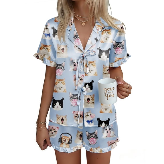 Ekouaer Satin Pajama for Women Short Sleeve Silky Pj Short Set Bow Front Tie Up Loungewear Sleepwear