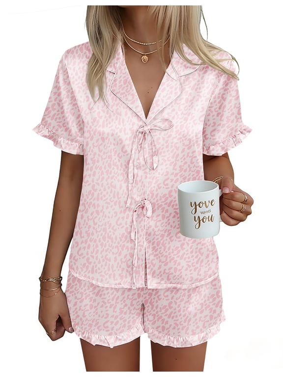 Satin Pajama for Women Short Sleeve Silky Pj Short Set Bow Front Tie Up Loungewear Sleepwear