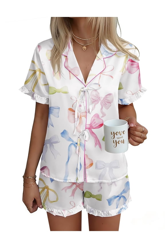 Satin Pajama for Women Short Sleeve Silky Pj Short Set Bow Front Tie Up Loungewear Sleepwear