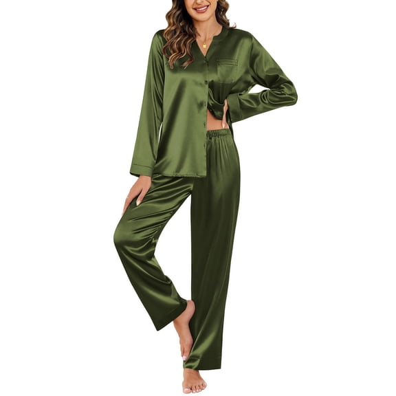 Ekouaer Satin Pajamas Set Women's Long Sleeve Sleepwear Classic Button Down Loungewear V-Neck Silk Pjs with Pockets
