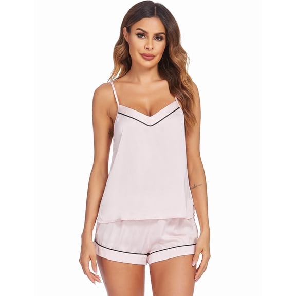 Ekouaer Satin Pajamas Women's Soft Sleepwear Lingerie Silk Cami Shorts Set Nightwear Pink M