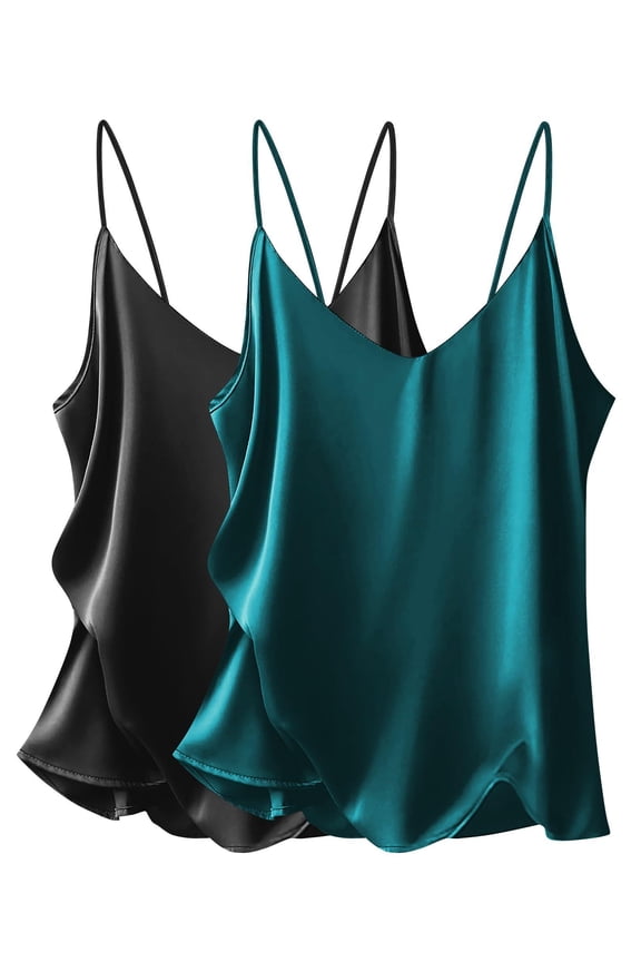 Women's 2 Pcs Satin Camisole Silky Pajama Tank Tops V Neck Soft Spaghetti Strap Loose Basic Sleepwear