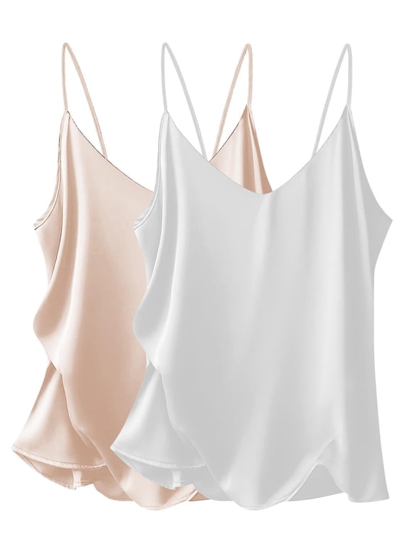 Women's 2 Pcs Satin Camisole Silky Pajama Tank Tops V Neck Soft Spaghetti Strap Loose Basic Sleepwear