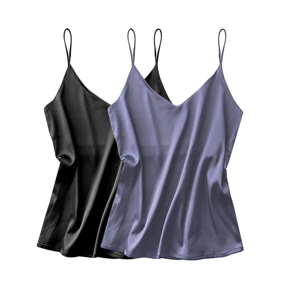 Ekouaer Satin Tank Tops for Women Silk Camisole Tops 2 Pack V Neck Spaghetti Strap Blouse Soft Dressy Shirt
