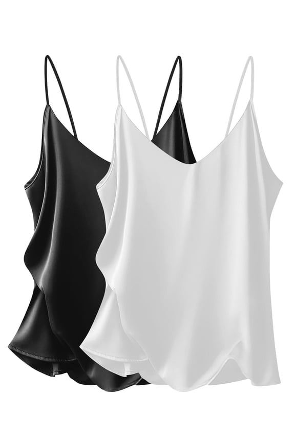 Women's 2 Pcs Satin Camisole Silky Pajama Tank Tops V Neck Soft Spaghetti Strap Loose Basic Sleepwear