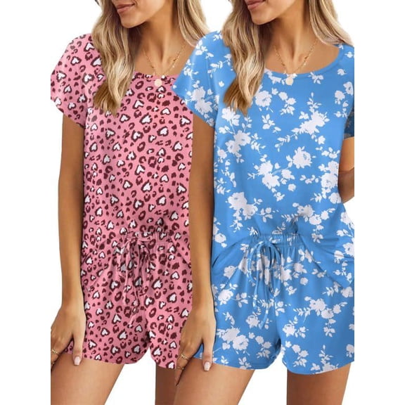Ekouaer Short Pajamas for Women 2pc Sleepwear Classic Short Sleeve Pj Shorts Set Fashion Sleep Set Pink Leopard Blue Floral