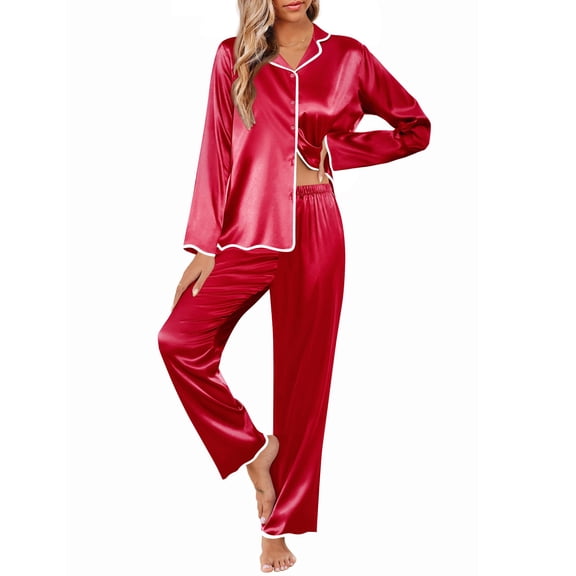 Ekouaer Womens Silk Pajama Set Satin Long Sleeve Button-Down Top and Pants with Ruffle Soft Sleepwear