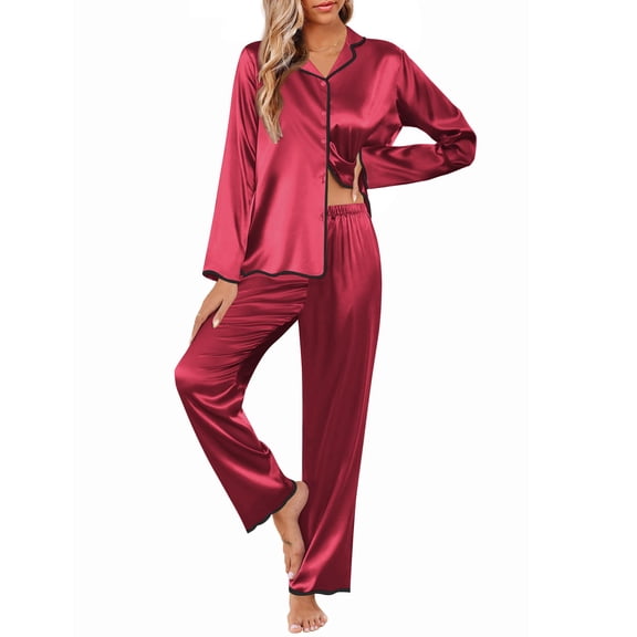 Ekouaer Womens Silk Pajama Set Satin Long Sleeve Button-Down Top and Pants with Ruffle Soft Sleepwear
