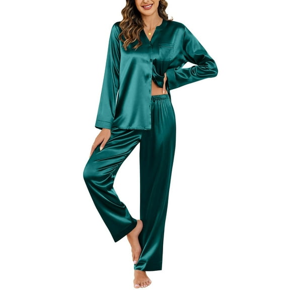 Ekouaer Silk Pajamas For Women 2 Piece Set Satin Pjs Long Sleeve Button Up Sleepwear Comfy Lounge sets