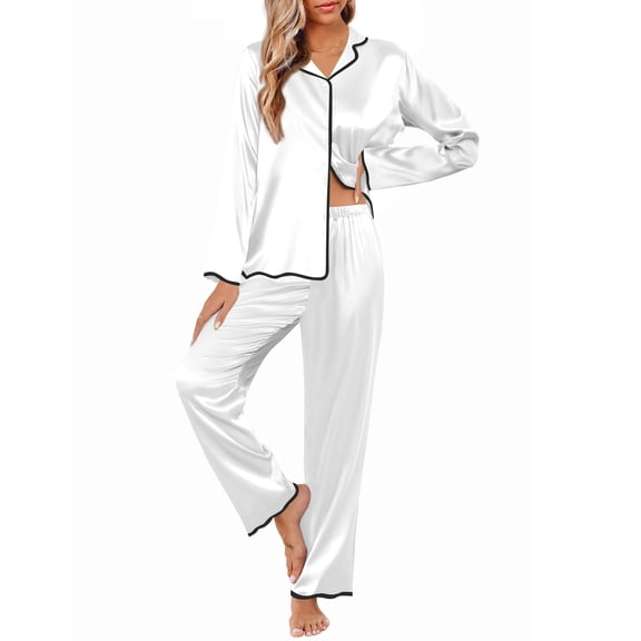 Ekouaer Womens Silk Pajama Set Satin Long Sleeve Button-Down Top and Pants with Ruffle Soft Sleepwear