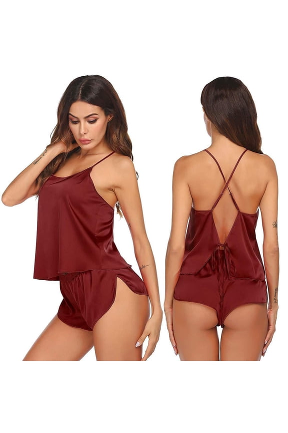 Silk Pajamas Set for Women Satin Backless Lingerie Pjs Cami Top and Shorts Nightwear Valentines Pajama