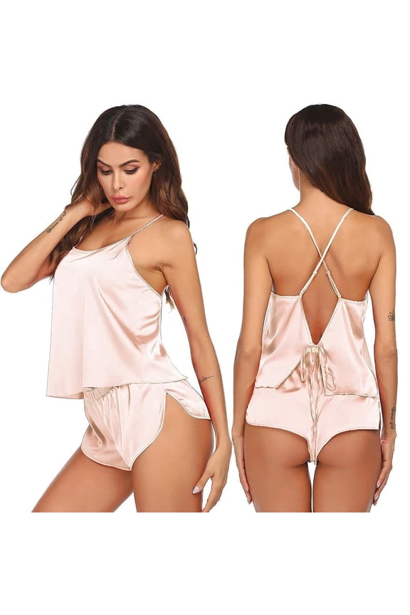 Silk Pajamas Set for Women Satin Backless Lingerie Pjs Cami Top and Shorts Nightwear