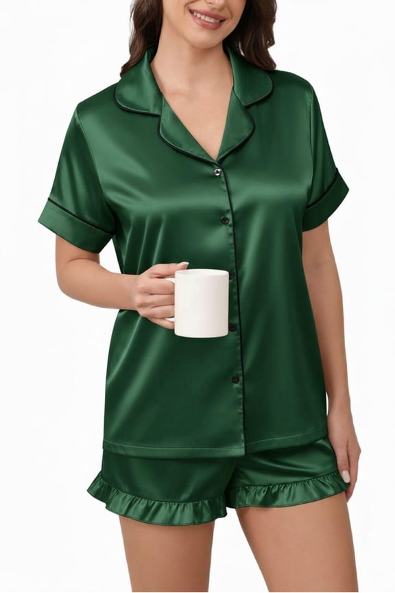 Silk Pajamas Set for Women Short Sleeve Sleepwear Collared Loungewear with Button Down 2 Piece Satin Pjs Shorts Set Womens