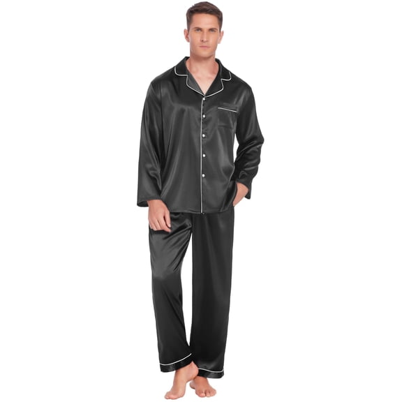 Ekouaer Couples Matching Pajamas Silk Long Sleeve Sleepwear Satin Soft Button Down Loungewear Pjs Set