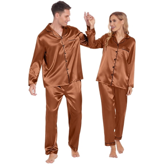 Ekouaer Couples Matching Pajamas Silk Long Sleeve Sleepwear Satin Soft Button Down Loungewear Pjs Set