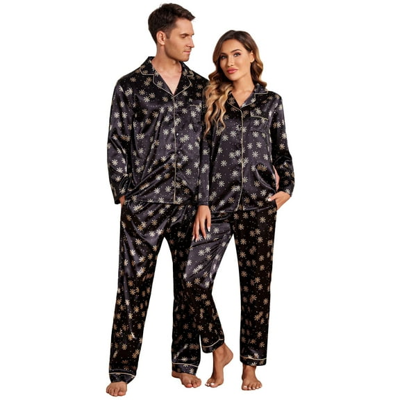 Ekouaer Couples Matching Pajamas Silk Long Sleeve Sleepwear Satin Soft Button Down Loungewear Pjs Set