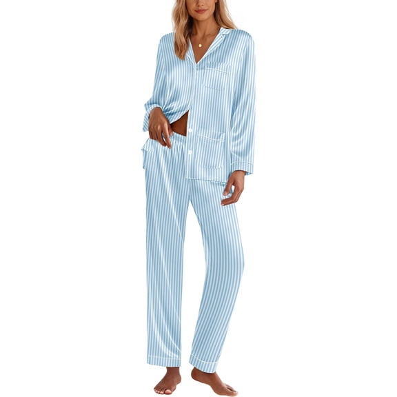 Ekouaer Silk Pajamas for Women Classic Button Down Satin Pajama Sets Long Sleeve Lounge Set
