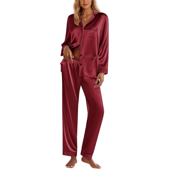Ekouaer Silk Pajamas for Women Classic Button Down Satin Pajama Sets Long Sleeve Lounge Set