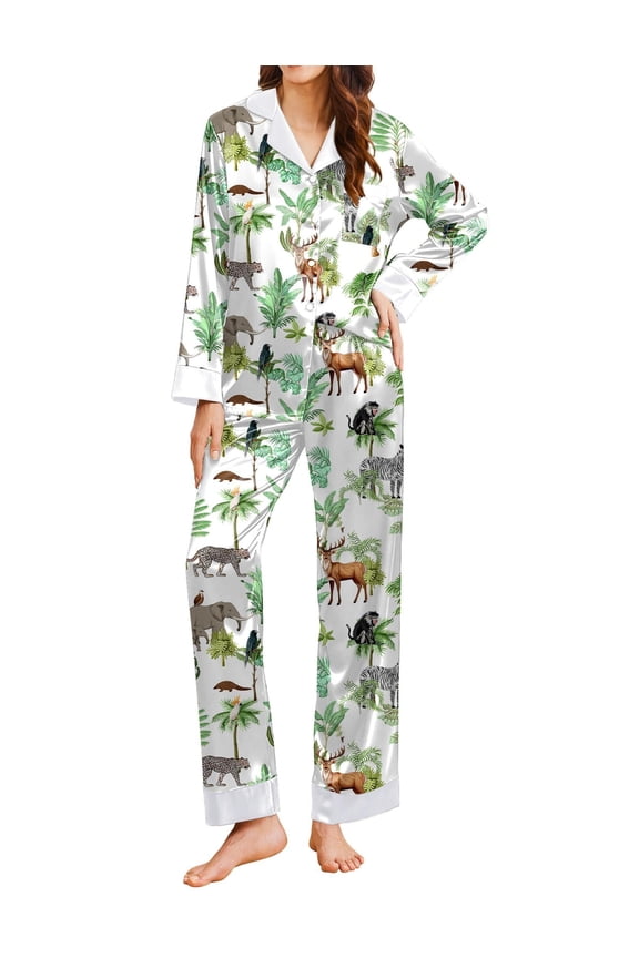 Silk Pajamas for Women Long Sleeve Satin Pajama Set Striped Leopard Print Pj Sets Button Down Loungewear Sleepwear