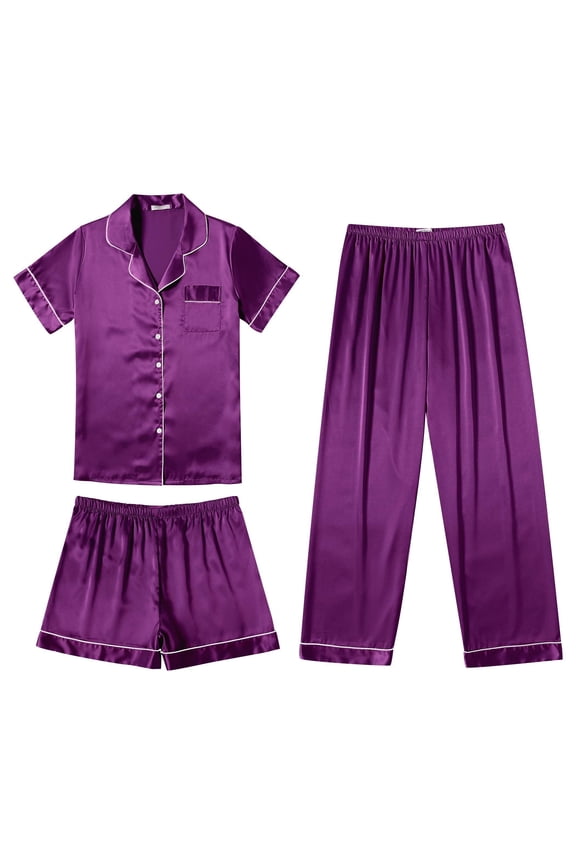 Silk Pajamas for Women Set Satin Pjs Soft Short Sleeve Button Down Sleepwear 3 Piece Loungewear