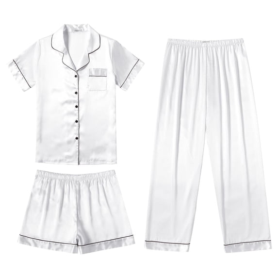 Ekouaer Silk Pajamas for Women Set Satin Pjs Soft Short Sleeve Button Down Sleepwear 3 Piece Loungewear