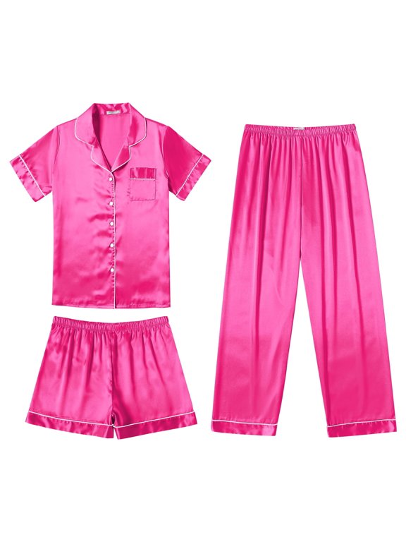 Silk Pajamas for Women Set Satin Pjs Soft Short Sleeve Button Down Sleepwear 3 Piece Loungewear