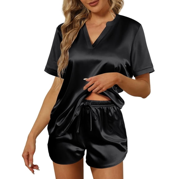 Ekouaer Women Silk Pajamas Set Short Sleeve Satin Sleepwear V-Neck 2 Piece Loungewear