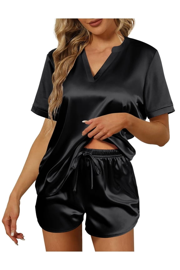 Women Silk Pajamas Set Short Sleeve Satin Sleepwear V-Neck 2 Piece Loungewear