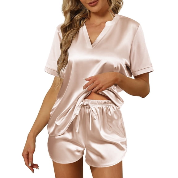 Ekouaer Women Silk Pajamas Set Short Sleeve Satin Sleepwear V-Neck 2 Piece Loungewear