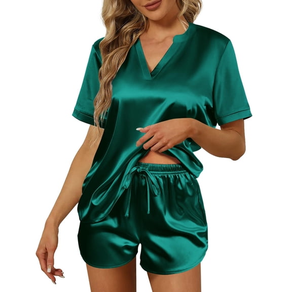 Ekouaer Women Silk Pajamas Set Short Sleeve Satin Sleepwear V-Neck 2 Piece Loungewear