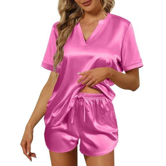 Ekouaer Women Silk Pajamas Set Short Sleeve Satin Sleepwear V-Neck 2 Piece Loungewear