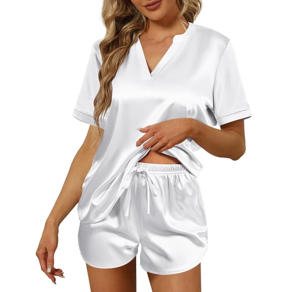 Ekouaer Women Silk Pajamas Set Short Sleeve Satin Sleepwear V-Neck 2 Piece Loungewear