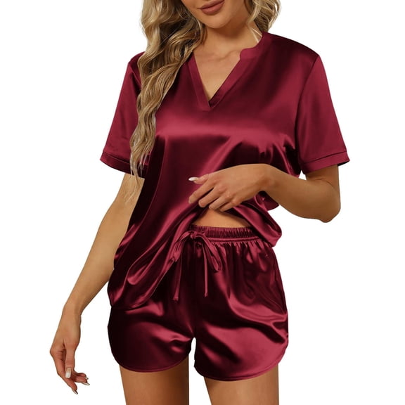 Ekouaer Women Silk Pajamas Set Short Sleeve Satin Sleepwear V-Neck 2 Piece Loungewear