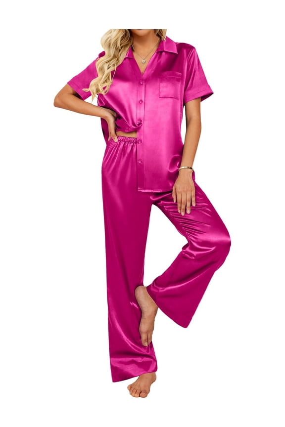 Womens Silk Satin Pajamas Set Button Down 2 Piece Pjs Wide Leg Long Pants Sleepwear Lounge Set with Pockets