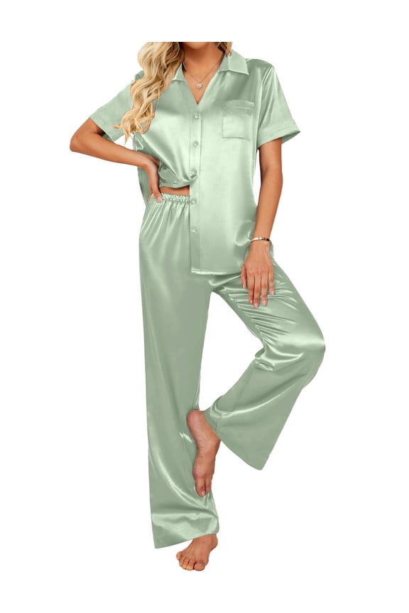 Silk Pajamas for Womens Set 2 Piece Satin Pjs Soft Button Down Sleepwear Wide Leg Long Pants with Pockets
