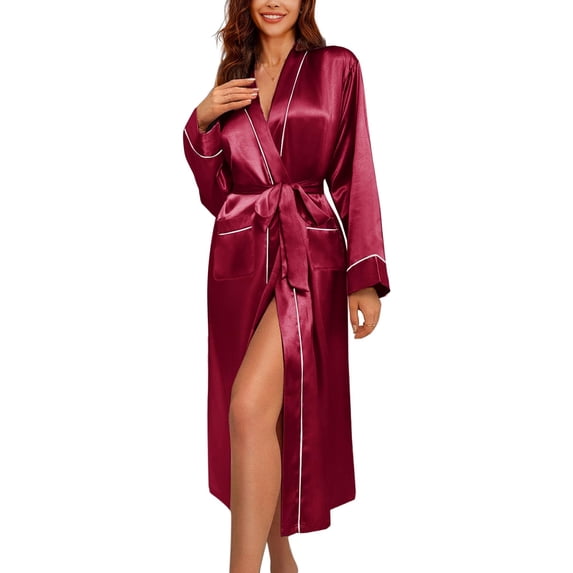 Ekouaer Silk Robes for Women Long Sleeve Satin Bathrobe Soft Lightweight Full Length Sleepwear with Pockets Bridesmaid Wedding Party Robes