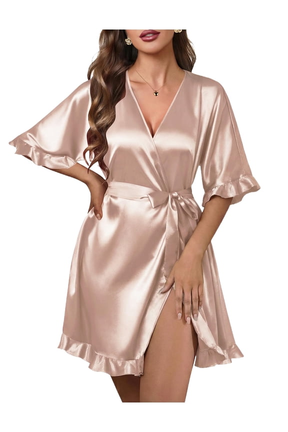 Silk Robes for Women Short Lightweight Bathrobe Ruffled Satin Kimono Robes Sexy Bride Bridesmaid Sleepwear