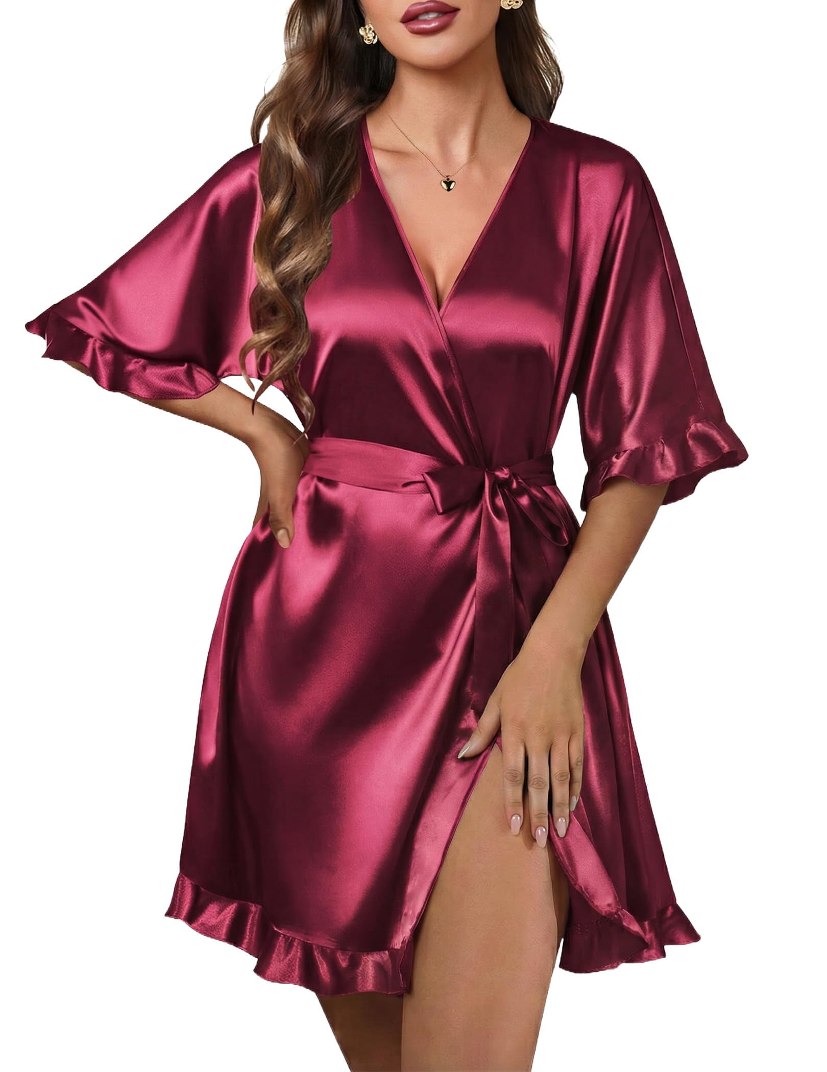 Ekouaer Silk Robes for Women Short Lightweight Bathrobe Ruffled Satin ...