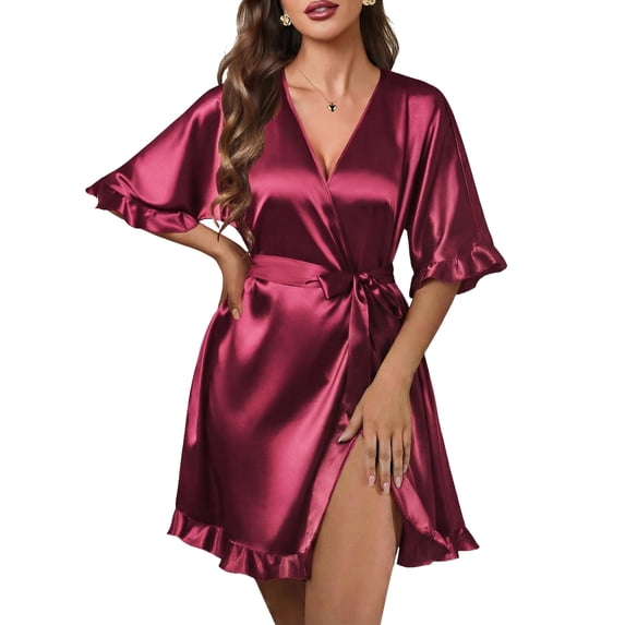 Ekouaer Silk Robes for Women Short Lightweight Bathrobe Ruffled Satin Kimono Robes Sexy Bride Bridesmaid Sleepwear