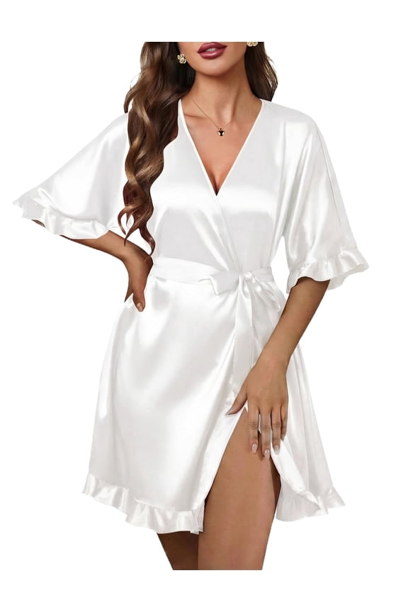 Silk Robes for Women Short Lightweight Bathrobe Ruffled Satin Kimono Robes Sexy Bride Bridesmaid Sleepwear