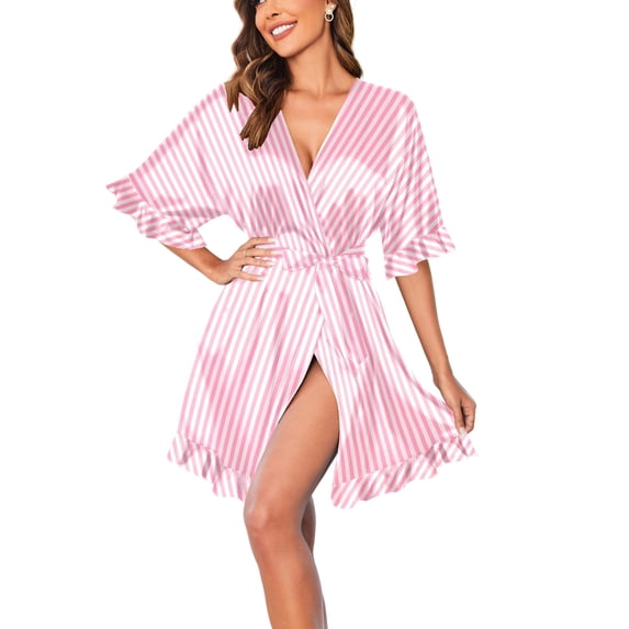 Ekouaer Silk Robes for Women Short Lightweight Bathrobe Ruffled Satin Kimono Robes Sexy Bride Bridesmaid Sleepwear