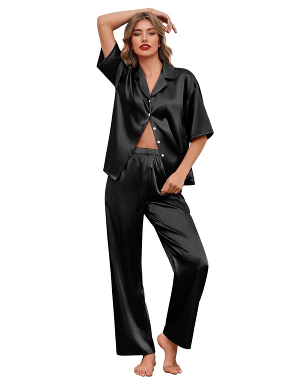 Silk Satin Pajamas Set Women Short Sleeve Pj Sets Button Down Sleepwear 2 Piece Soft Loungewear