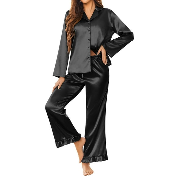 Ekouaer Silk Satin Pajamas Set Womens Long Sleepwear Button Down 2 Piece Classic Soft Loungewear Pjs Set