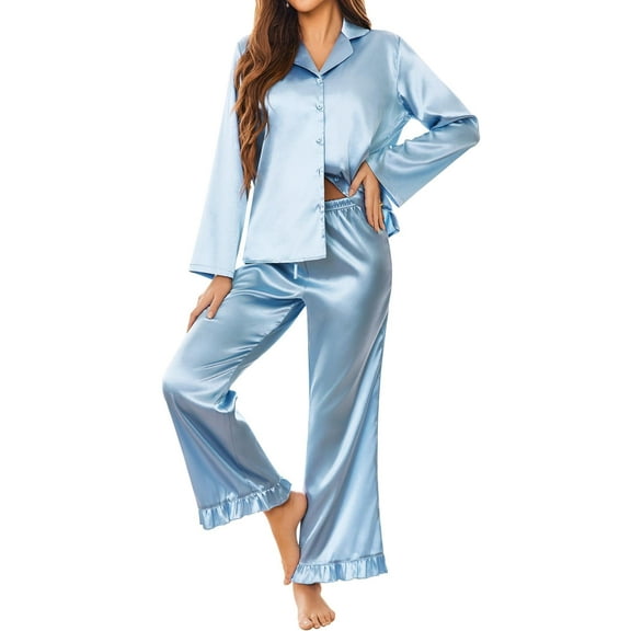 Ekouaer Silk Satin Pajamas Set Womens Long Sleepwear Button Down 2 Piece Classic Soft Loungewear Pjs Set