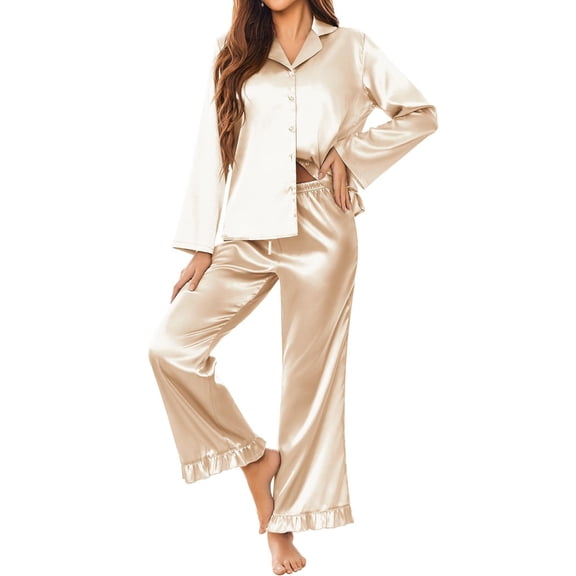 Ekouaer Silk Satin Pajamas Set Womens Long Sleepwear Button Down 2 Piece Classic Soft Loungewear Pjs Set