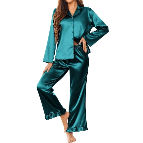 Ekouaer Silk Satin Pajamas Set Womens Long Sleepwear Button Down 2 Piece Classic Soft Loungewear Pjs Set